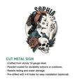 Cut metal skull sign product graphic showing the gothic pin-up design and installation features