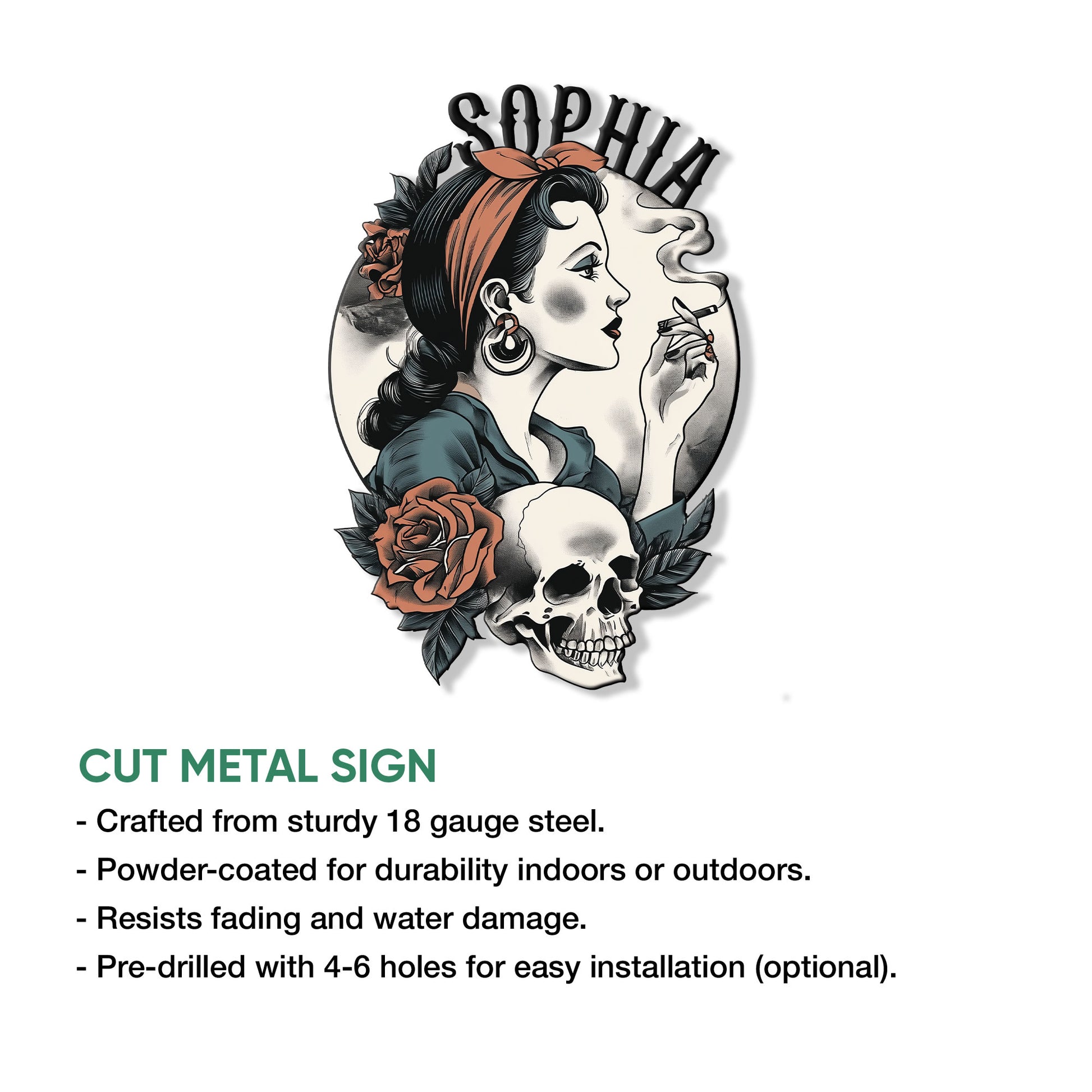 Cut metal skull sign product graphic showing the gothic pin-up design and installation features