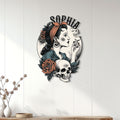 Gothic skull metal wall sign displayed on a white paneled wall above a console table