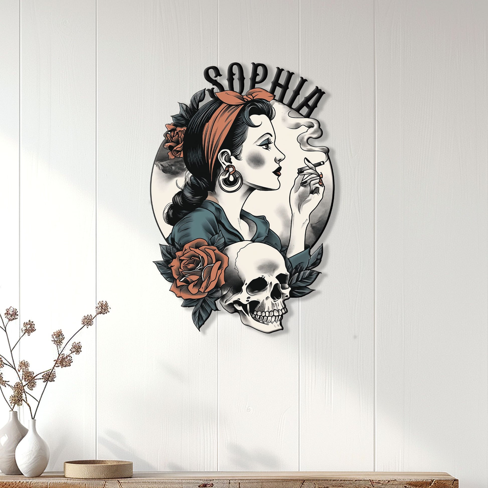 Gothic skull metal wall sign displayed on a white paneled wall above a console table