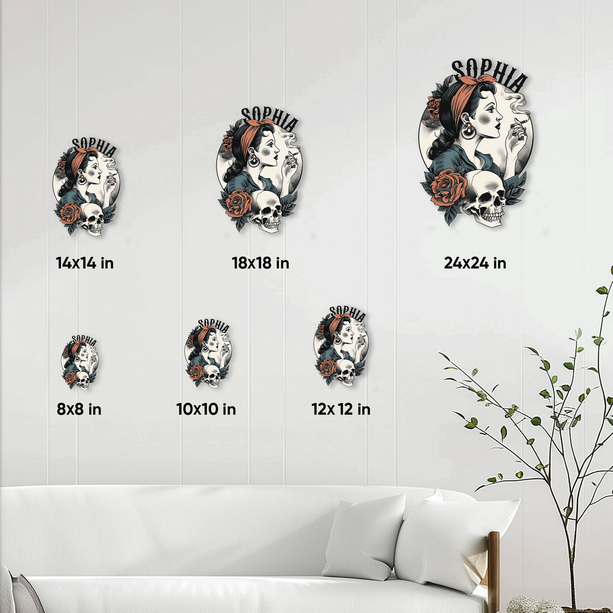 Gothic pin-up skull metal sign size guide showing available square sign dimensions