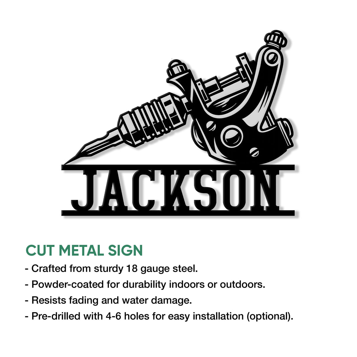 Tattoo artist metal sign featuring a bold tattoo machine design and cut-metal sign details