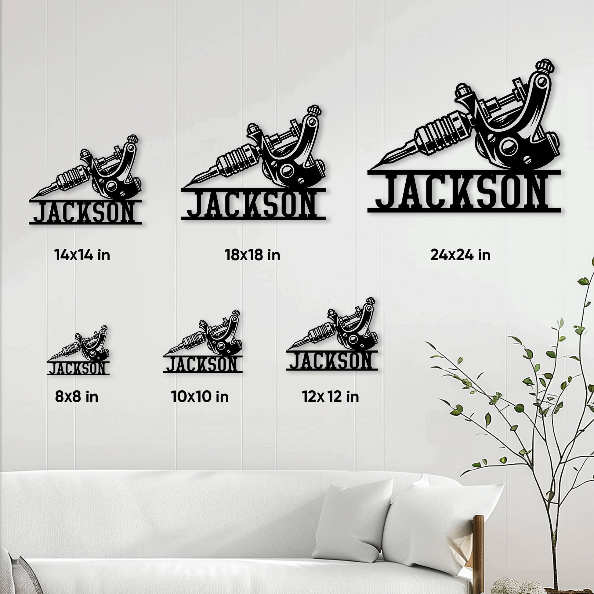 Tattoo artist metal sign shown in multiple size options from 8 by 8 to 24 by 24 inches