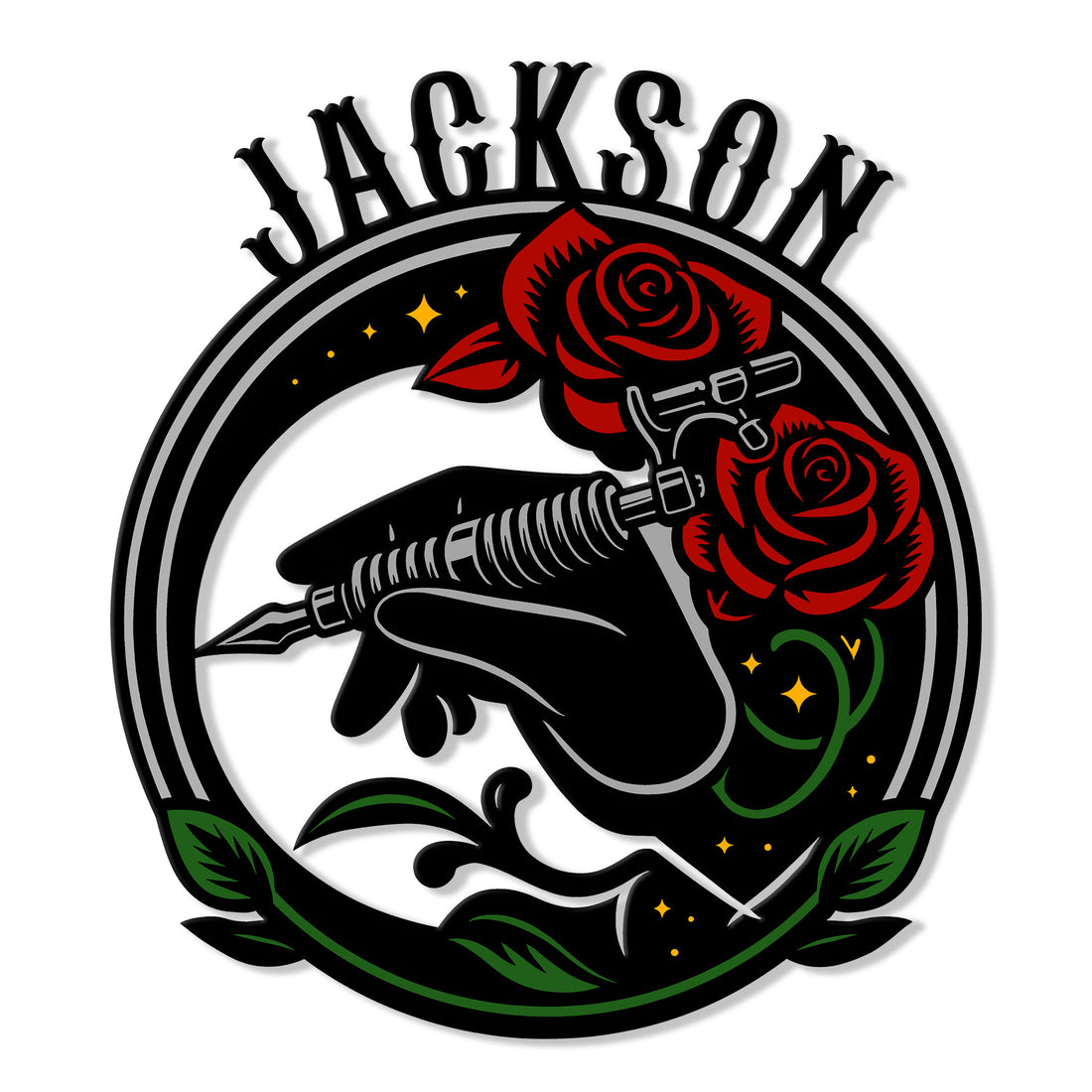 Tattoo artist metal sign featuring a tattoo machine, gloved hand, red roses, and bold vintage-style lettering