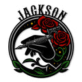 Tattoo artist metal sign featuring a tattoo machine, gloved hand, red roses, and bold vintage-style lettering