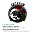 Tattoo artist metal sign shown with a cut-metal sign feature infographic for studio and shop decor