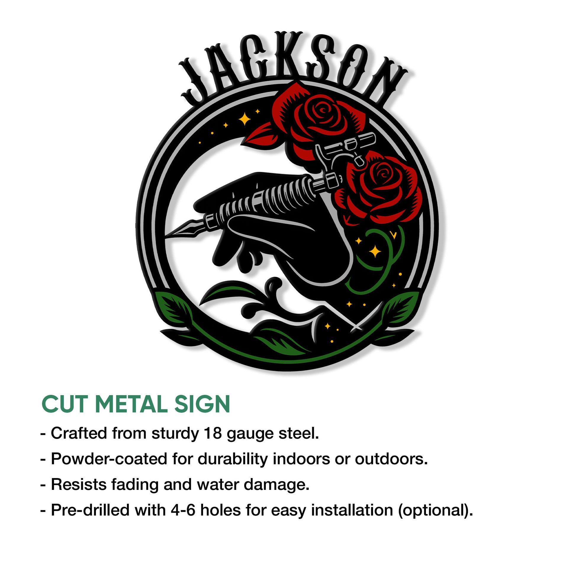 Tattoo artist metal sign shown with a cut-metal sign feature infographic for studio and shop decor