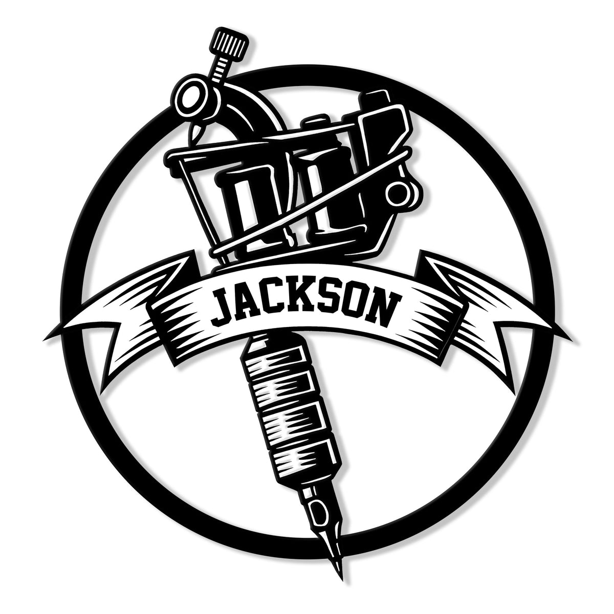 Custom tattoo artist metal sign featuring a tattoo machine, ink tools, circular frame, and bold banner
