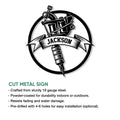 Tattoo artist metal sign product infographic showing the tattoo machine design and available sign features