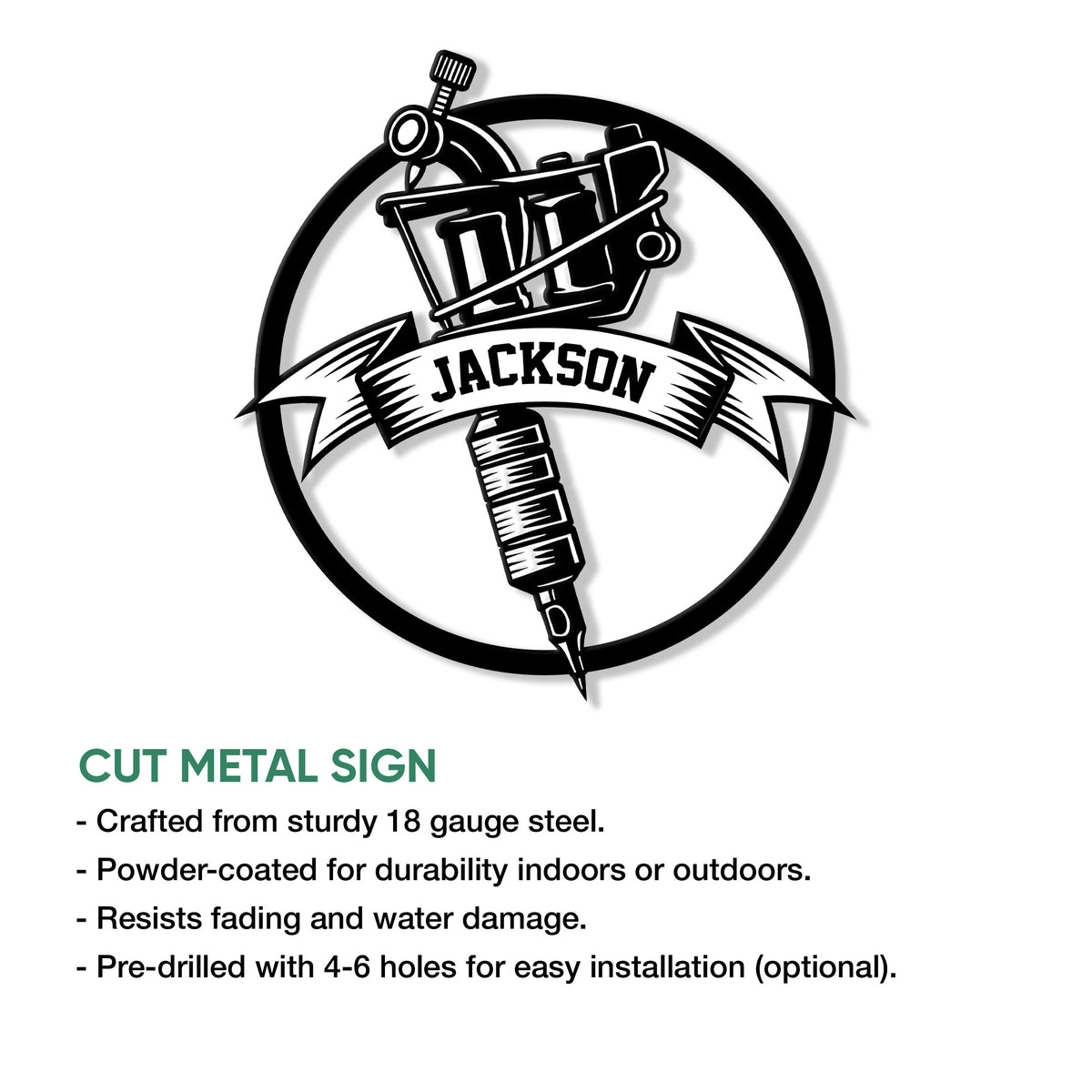 Tattoo artist metal sign product infographic showing the tattoo machine design and available sign features