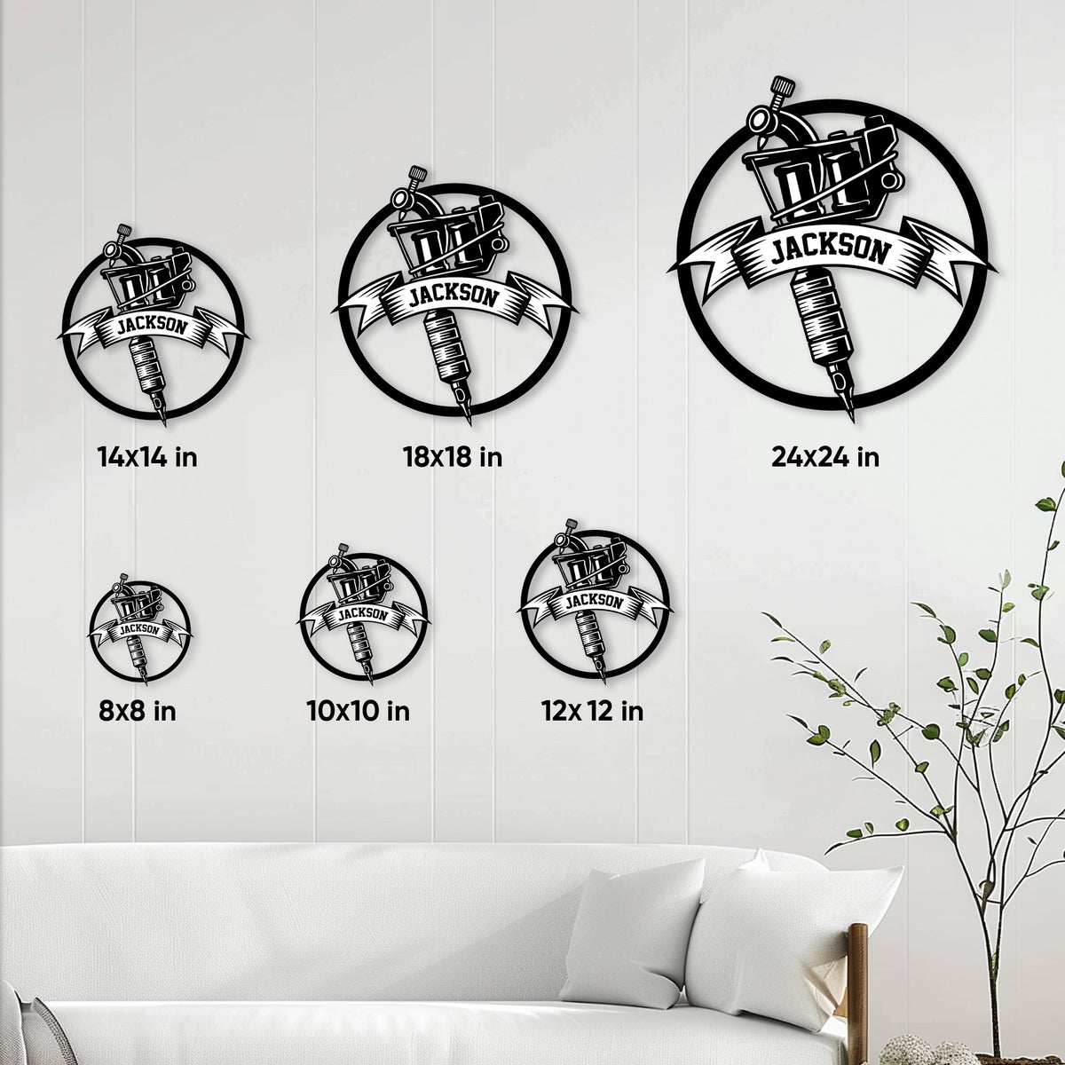 Tattoo artist metal sign size guide showing six circular sign sizes from 8x8 to 24x24 inches