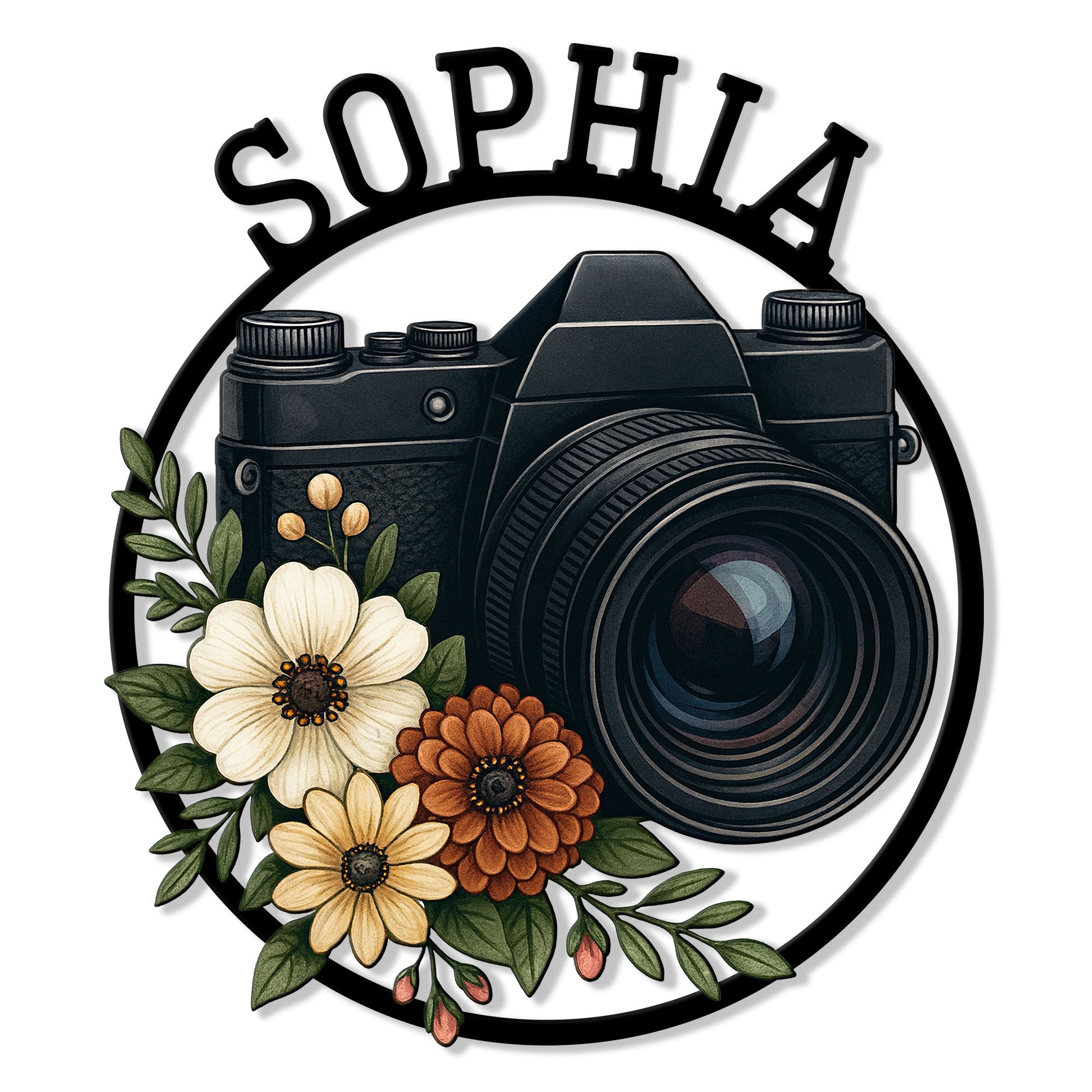 Custom photographer metal sign featuring a vintage camera framed by colorful flowers and leafy botanical accents