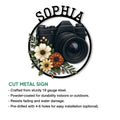 Floral camera cut metal sign showcasing photography decor with a bold circular silhouette