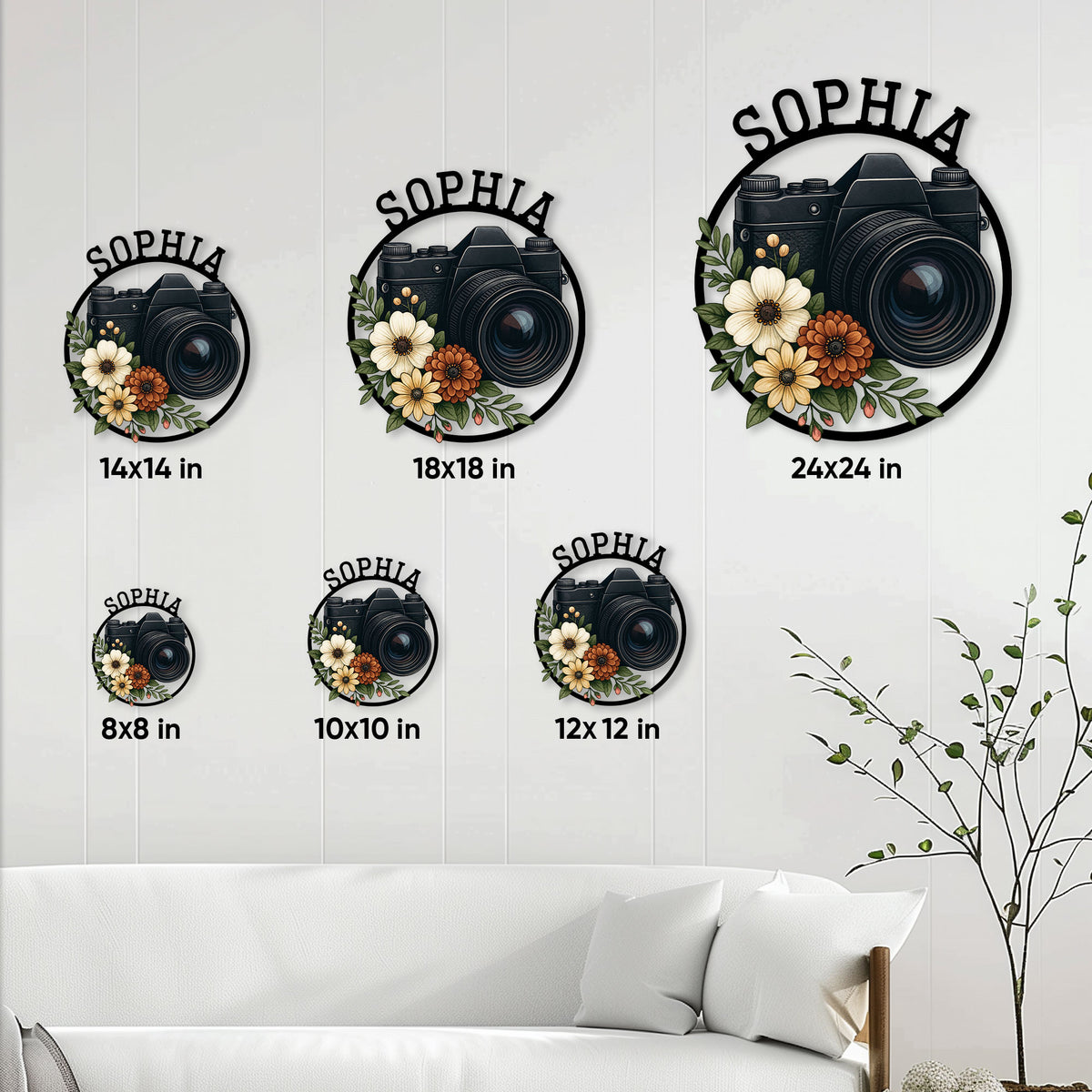 Photographer metal sign size guide showing available square sizes from 8 by 8 to 24 by 24 inches