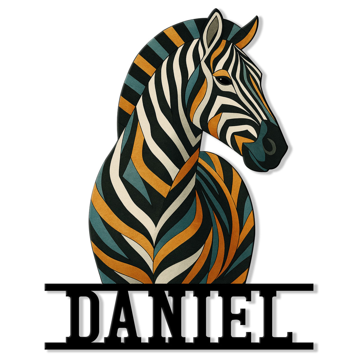 Colorful zebra portrait metal sign with bold black, cream, teal, and orange stripes