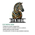 Zebra portrait cut metal sign shown with a product feature infographic
