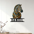 Custom zebra metal sign displayed on a light paneled wall in a modern home
