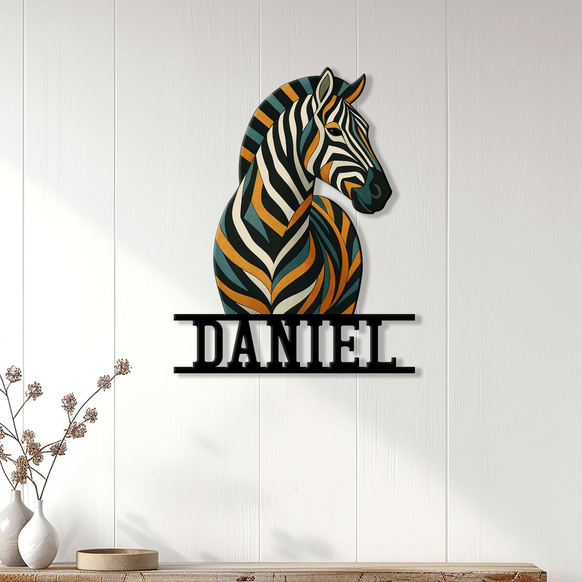 Custom zebra metal sign displayed on a light paneled wall in a modern home