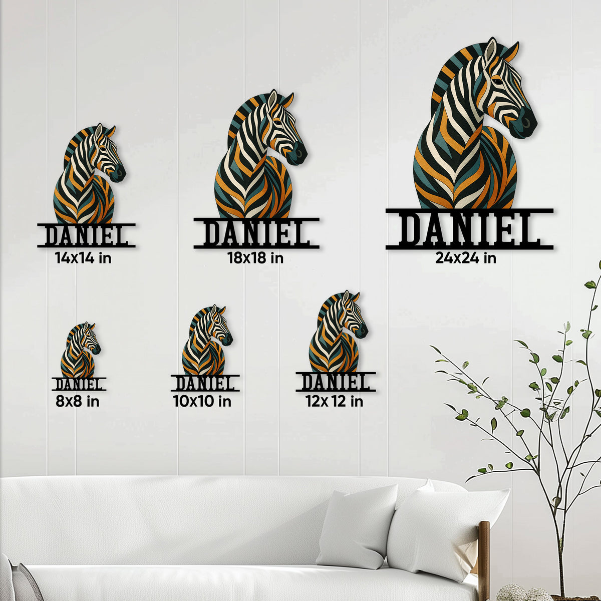 Zebra metal sign size guide showing available square sizes from 8 by 8 to 24 by 24 inches