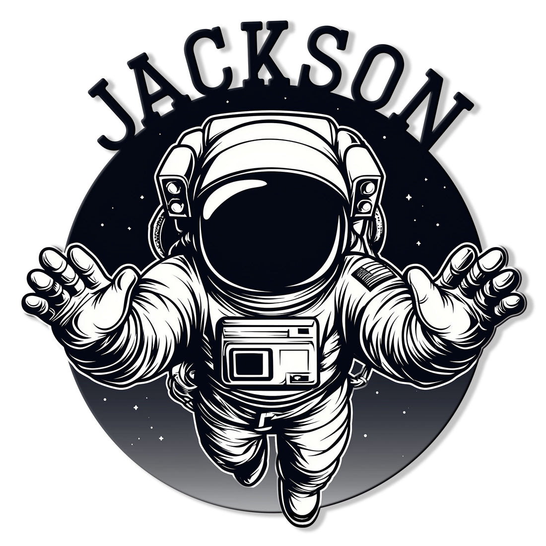 Custom astronaut metal sign featuring a bold floating space explorer against a starry black background