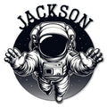 Custom astronaut metal sign featuring a bold floating space explorer against a starry black background