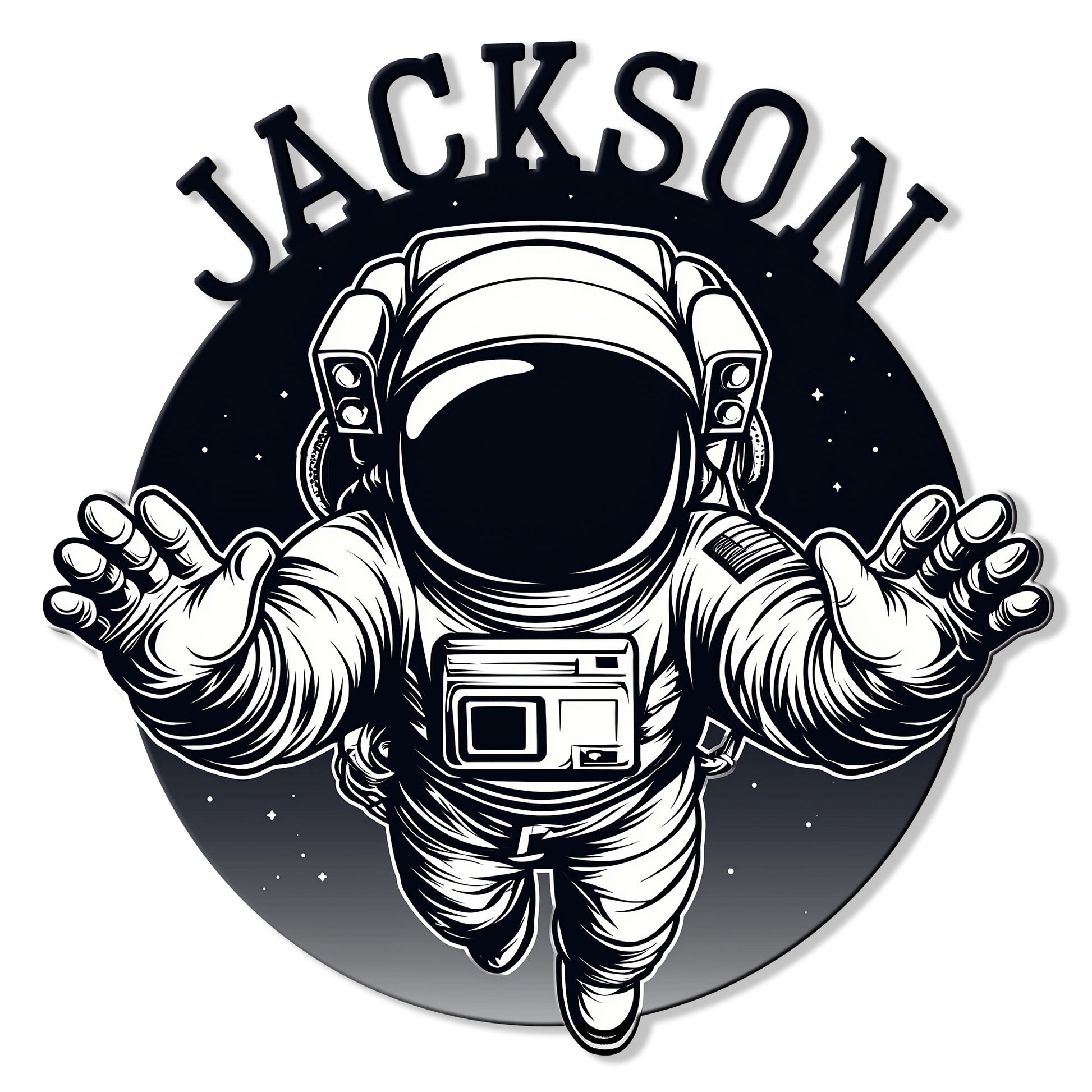 Custom astronaut metal sign featuring a bold floating space explorer against a starry black background