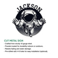 Astronaut metal sign product graphic showing the space explorer design and cut metal sign features