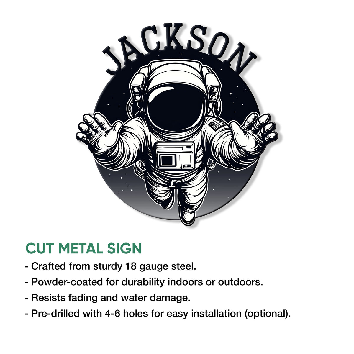 Astronaut metal sign product graphic showing the space explorer design and cut metal sign features
