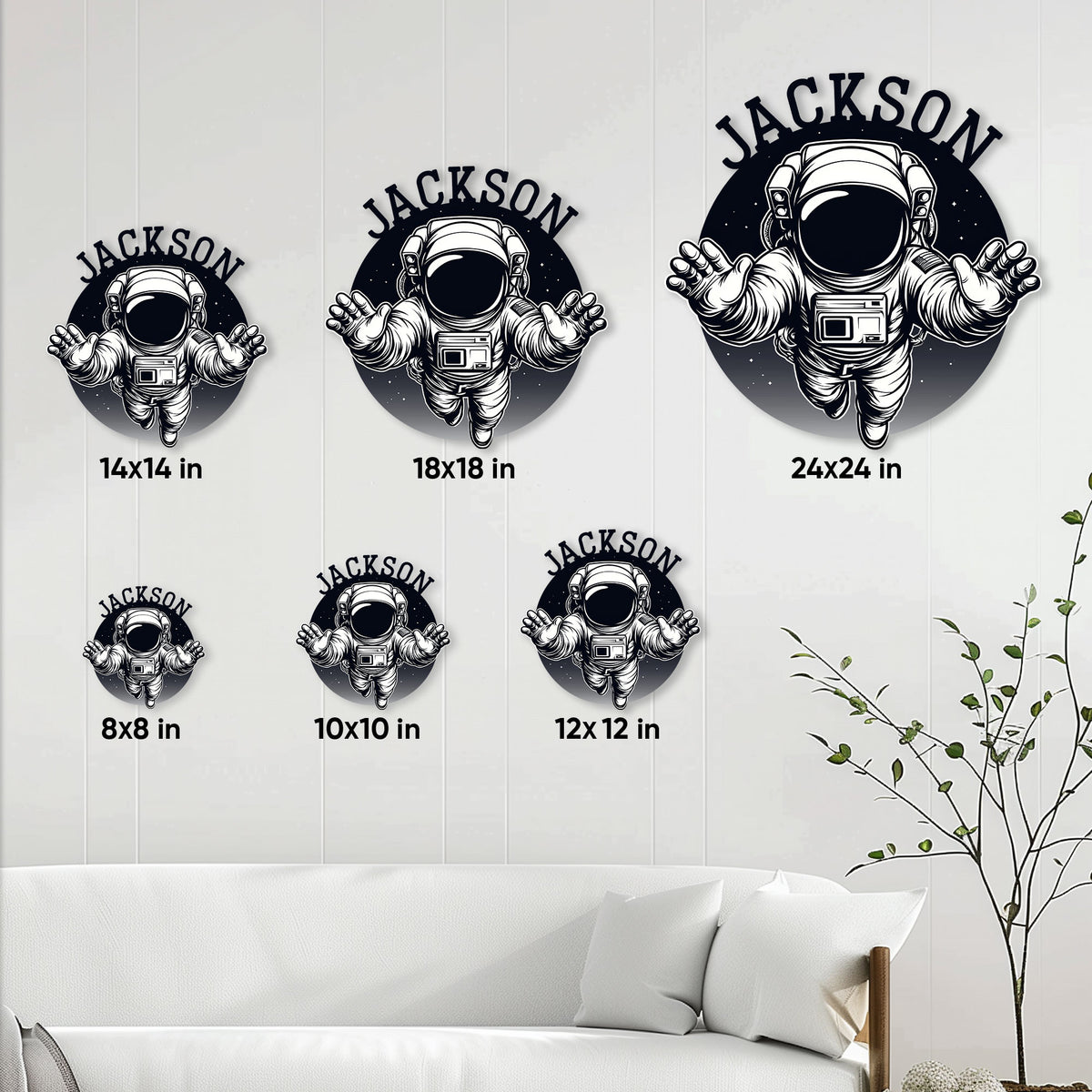 Astronaut metal sign size guide showing multiple dimensions for space-themed wall decor