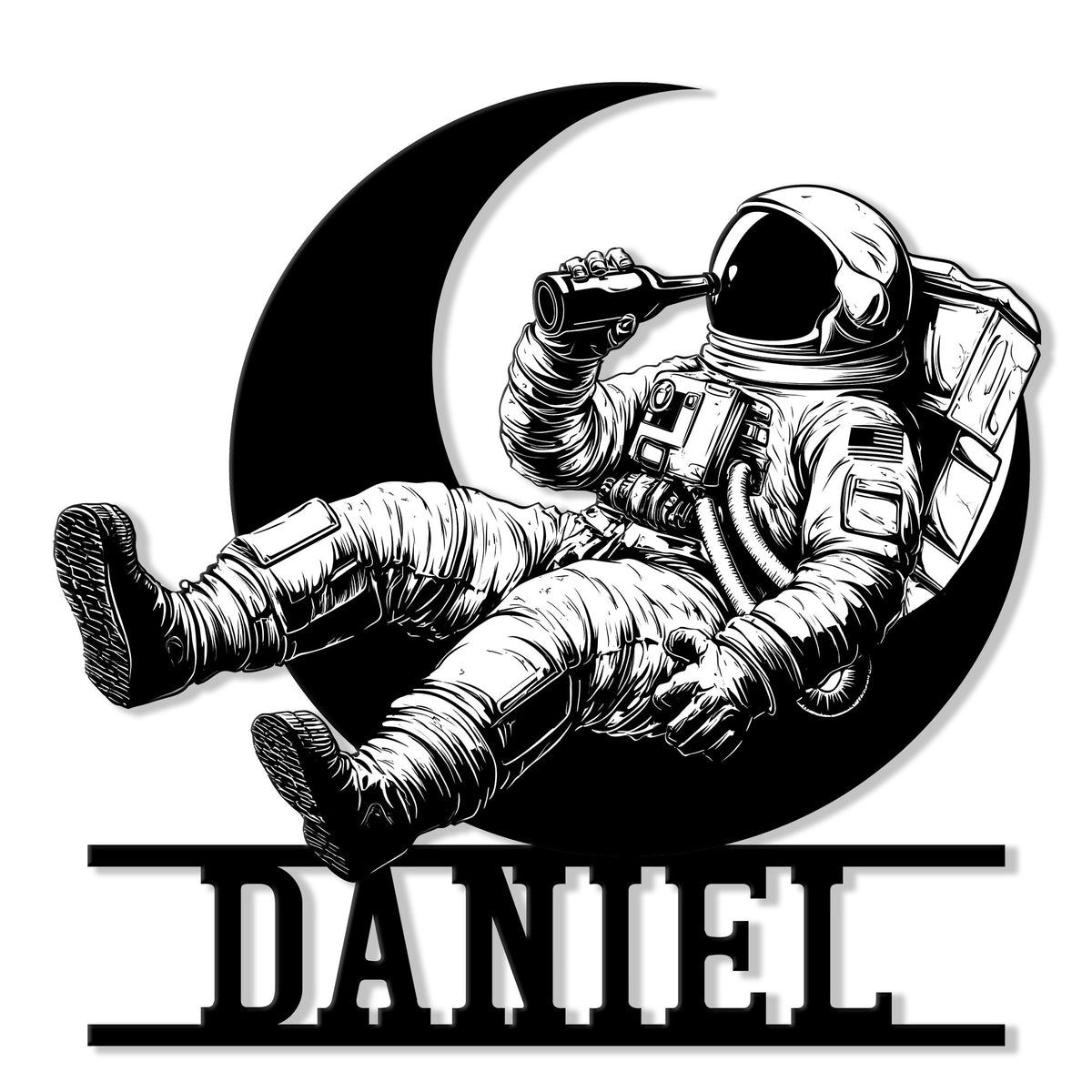 Black-and-white astronaut metal sign featuring a space explorer seated against a crescent moon