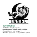 Astronaut metal sign product infographic showing the crescent moon design and available size options