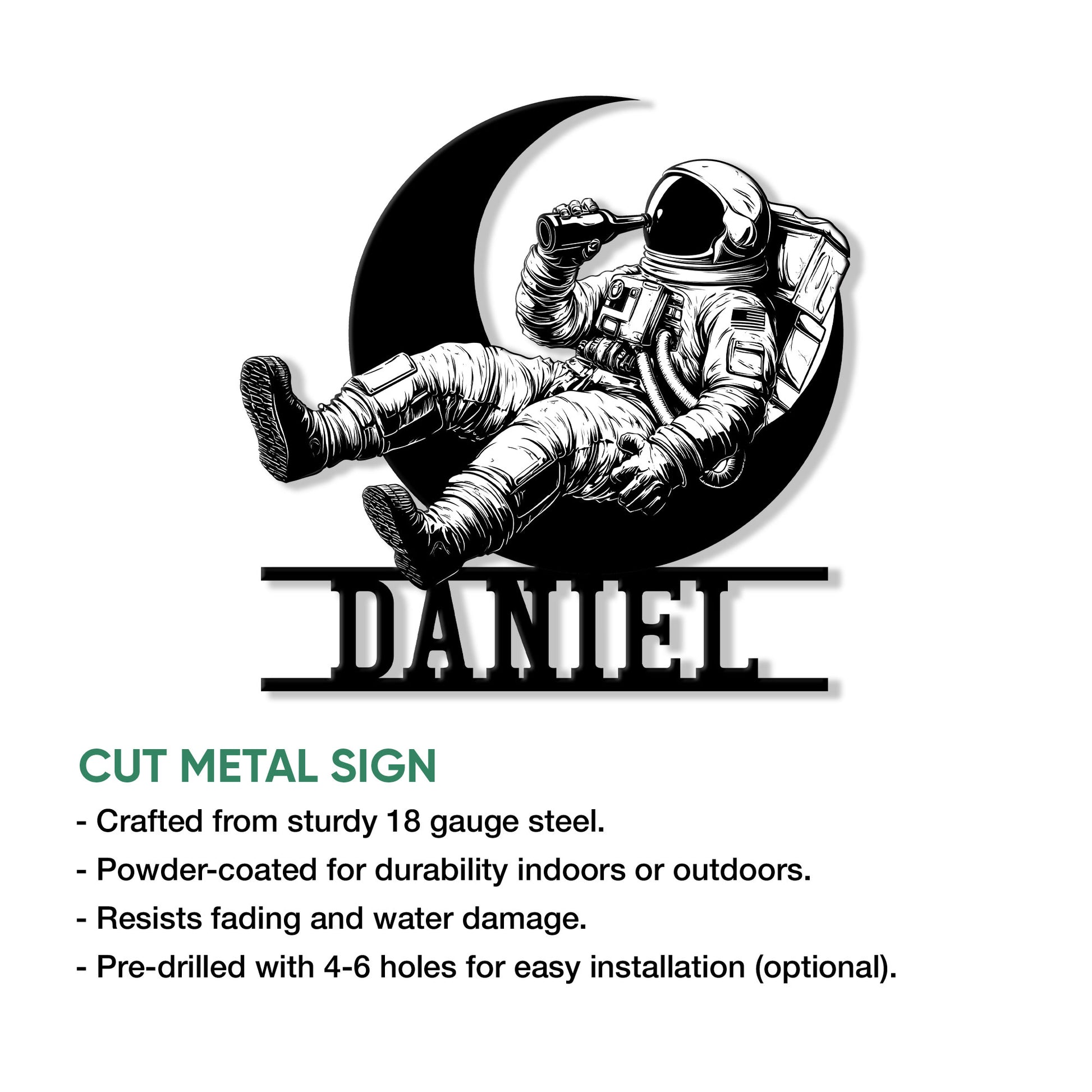 Astronaut metal sign product infographic showing the crescent moon design and available size options