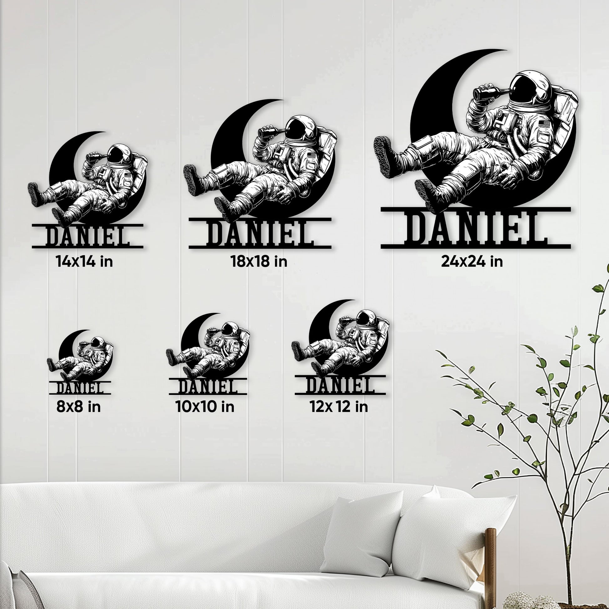Astronaut metal sign size guide showing six square size options staged on a living room wall