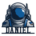 Custom astronaut metal sign featuring a bold space-suited explorer with a deep blue starry visor