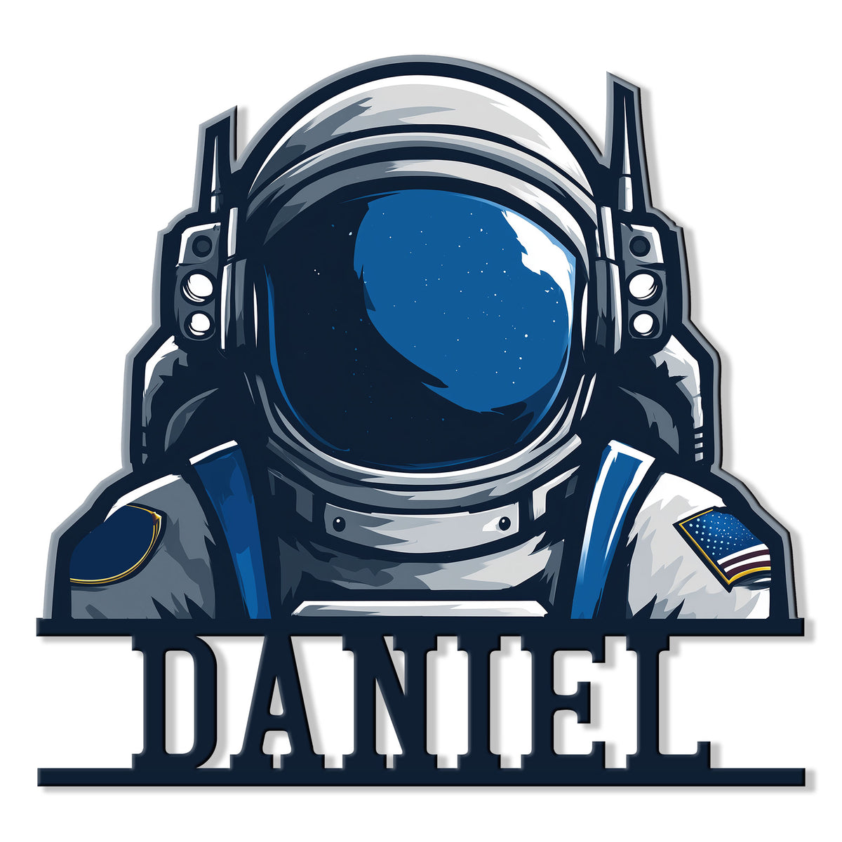 Custom astronaut metal sign featuring a bold space-suited explorer with a deep blue starry visor