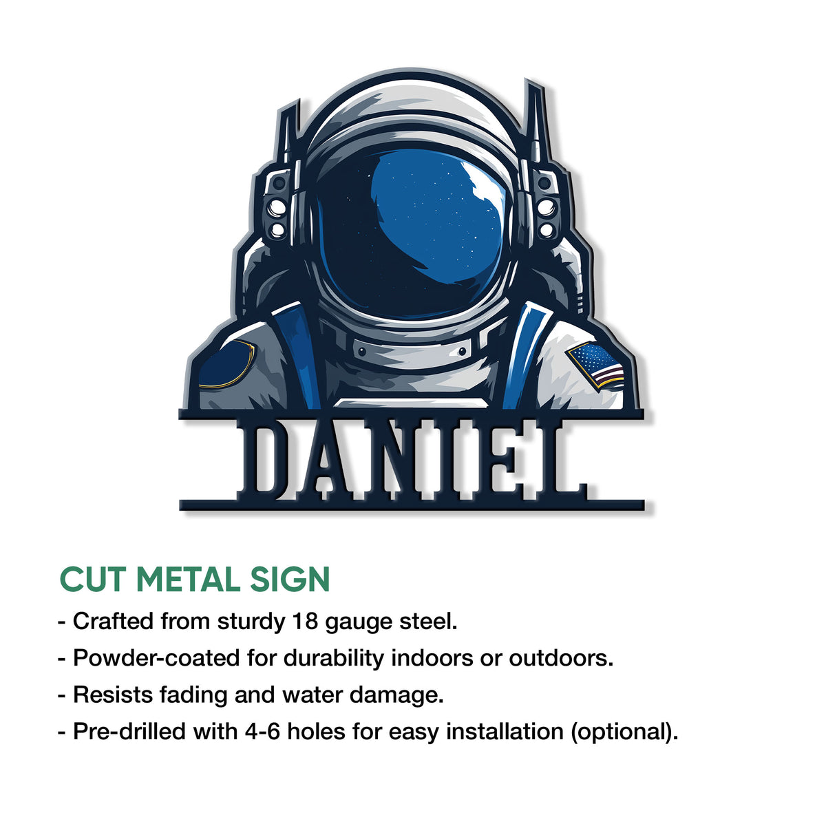 Astronaut metal sign product graphic showing the cut-metal design and installation features