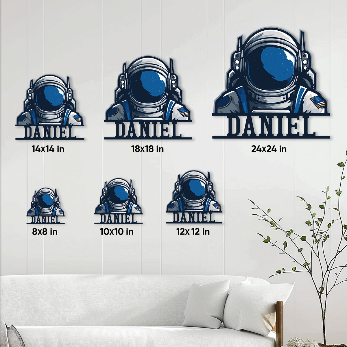 Astronaut metal sign size guide showing available square dimensions from 8 by 8 to 24 by 24 inches