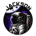 Astronaut metal sign featuring a detailed space helmet, Earth, purple galaxy, and starry outer space background