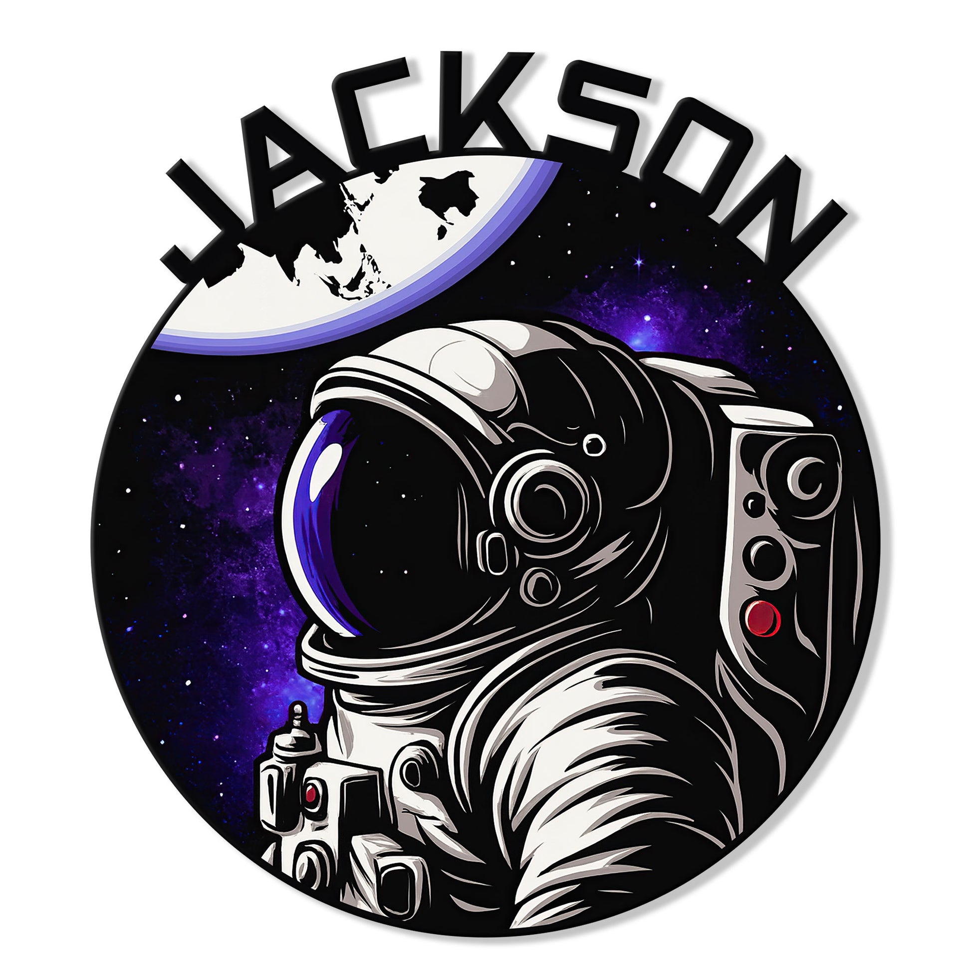 Astronaut metal sign featuring a detailed space helmet, Earth, purple galaxy, and starry outer space background