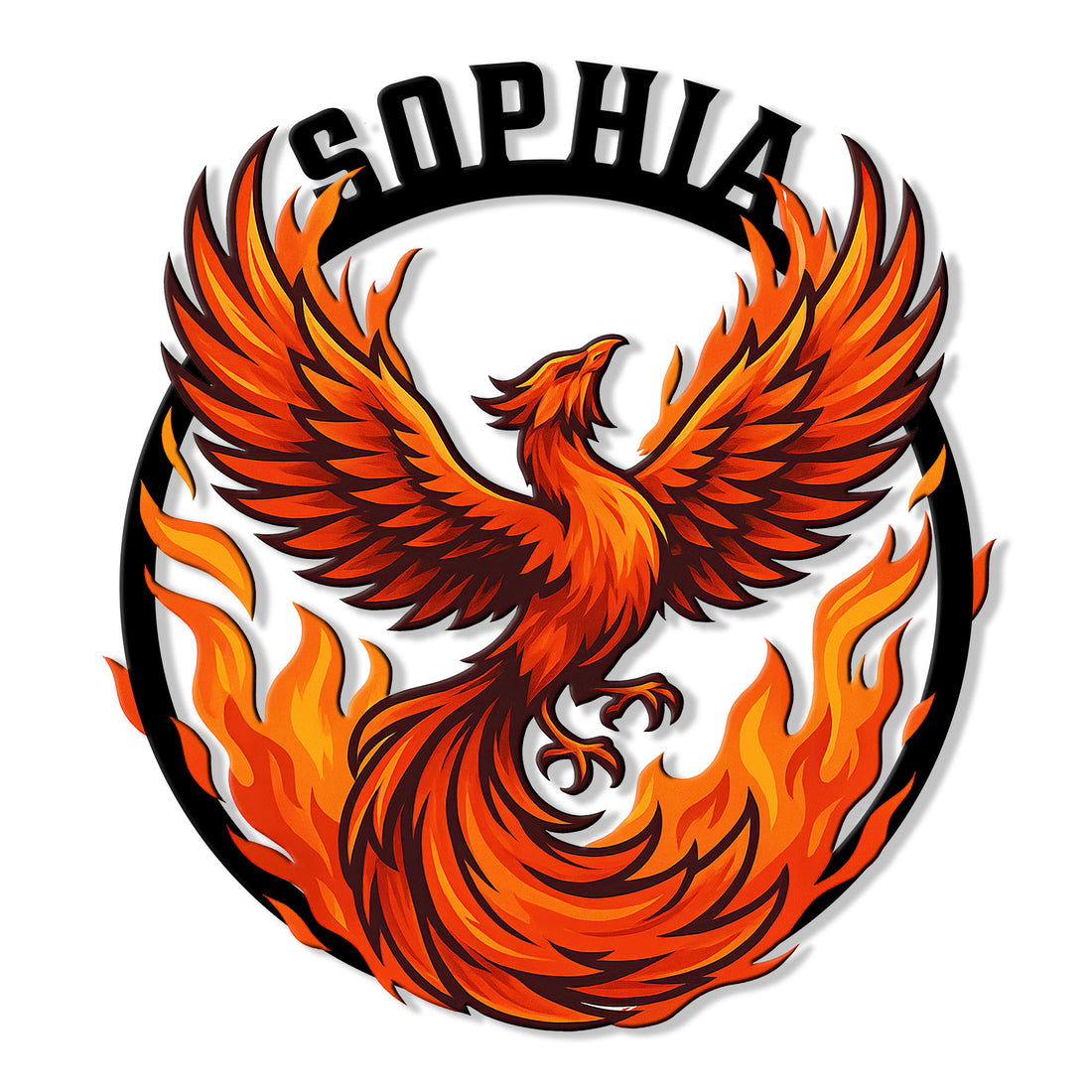 Bold orange phoenix rising through flames in a circular metal sign design