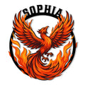 Bold orange phoenix rising through flames in a circular metal sign design
