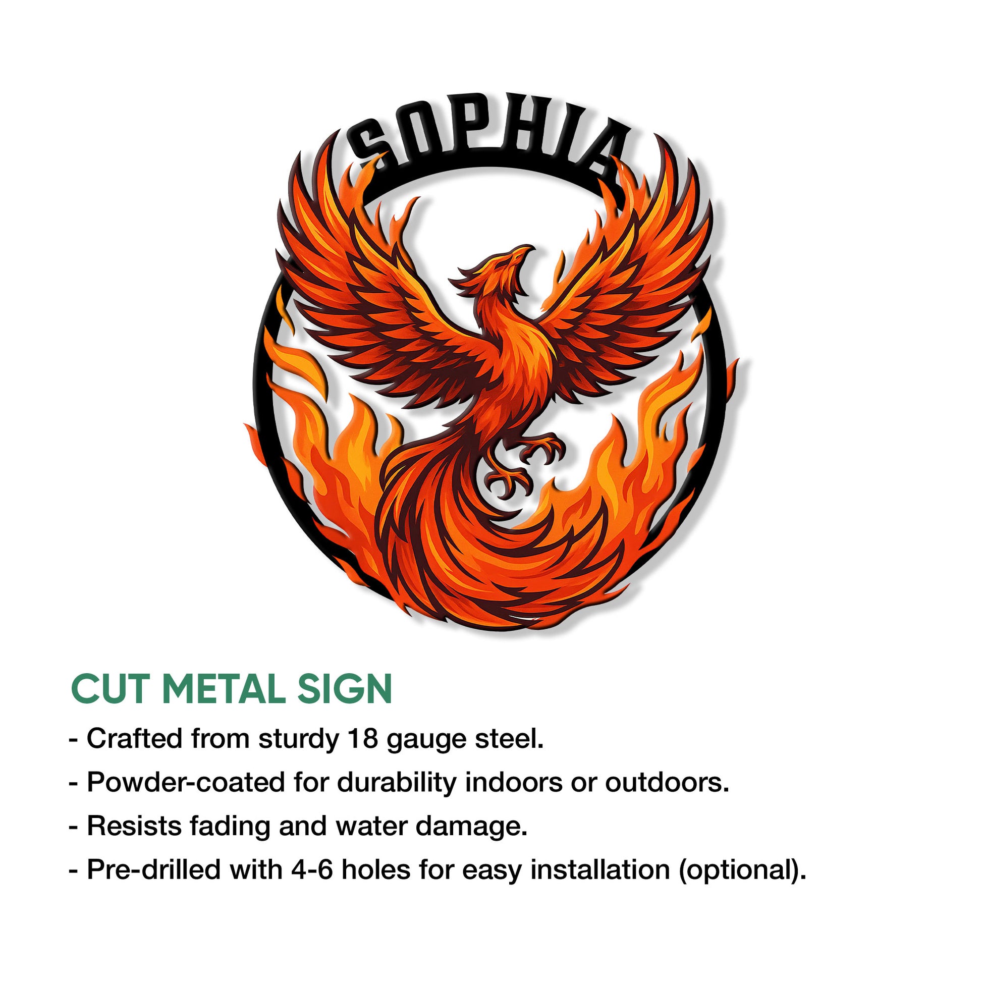 Phoenix metal sign featuring a fiery firebird with wide wings and flame details
