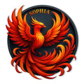 Custom Phoenix metal sign featuring a vivid red and orange phoenix with wide wings and sweeping tail feathers