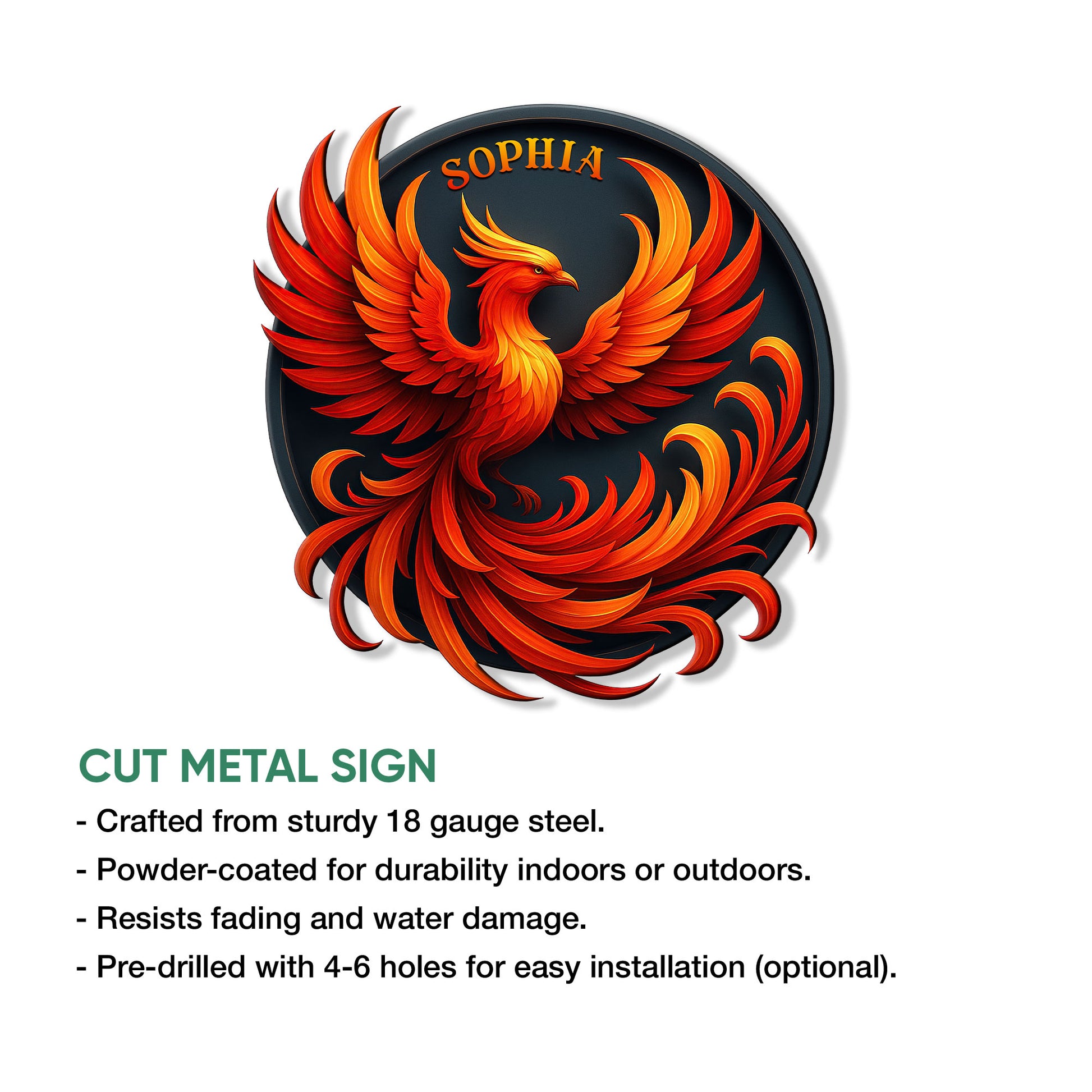 Phoenix metal sign feature graphic showing the fiery bird artwork and cut metal sign design