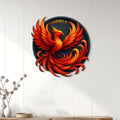 Fiery phoenix metal wall sign displayed on a light paneled wall above a console table