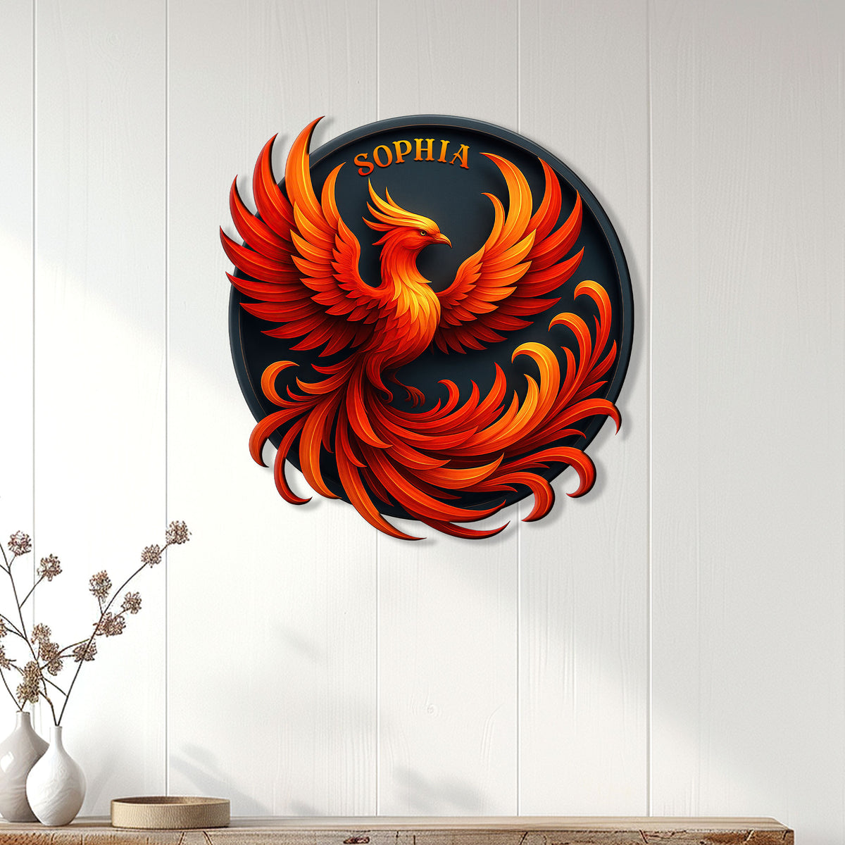 Fiery phoenix metal wall sign displayed on a light paneled wall above a console table