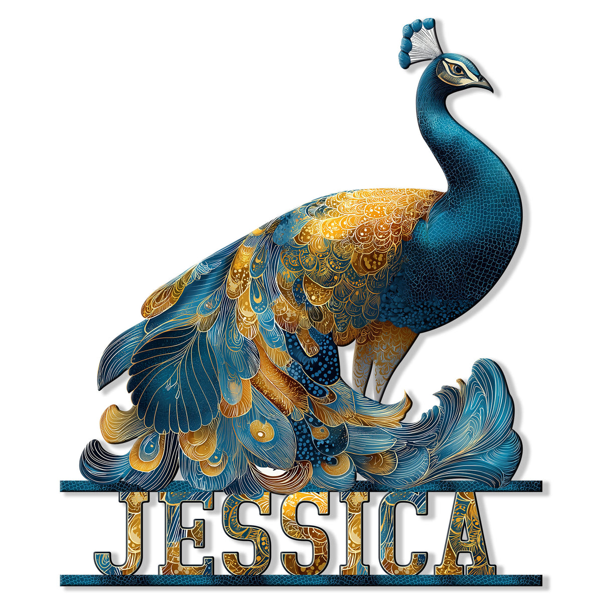 Ornate blue and gold peacock metal sign with layered feather details and a graceful bird silhouette