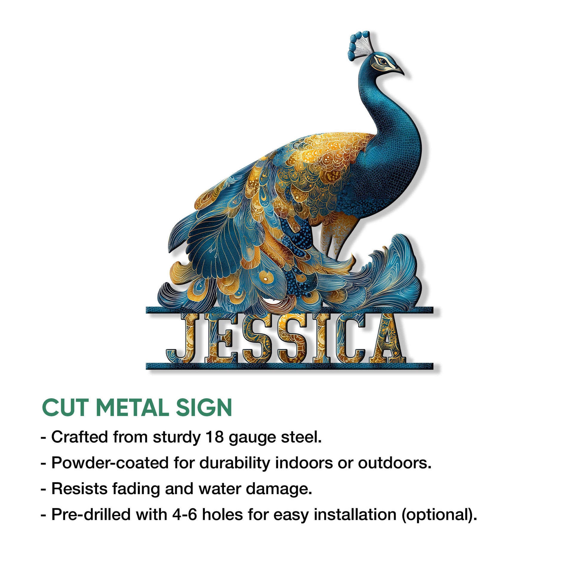 Peacock cut metal sign feature graphic showing the ornate blue and gold bird artwork and product presentation