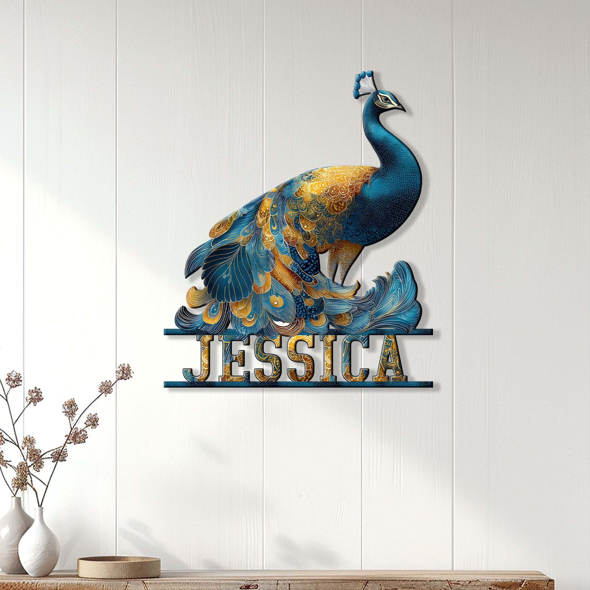 Blue and gold peacock wall sign displayed on a bright paneled wall above a console table