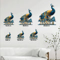 Peacock metal sign size guide displaying six available square sizes from 8x8 to 24x24 inches
